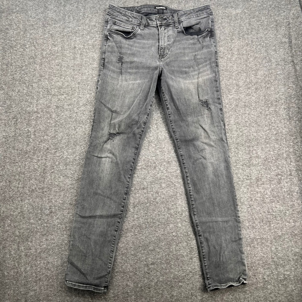 Express Slim Distressed Jeans Mens 32 Straight Faded Black Charcoal Gray Denim